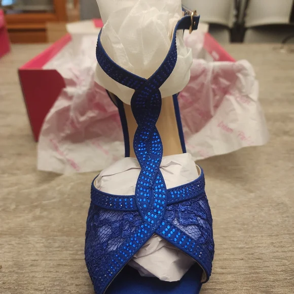 Blue Peep Toe Heels with Sparkle - Picture 4 of 11